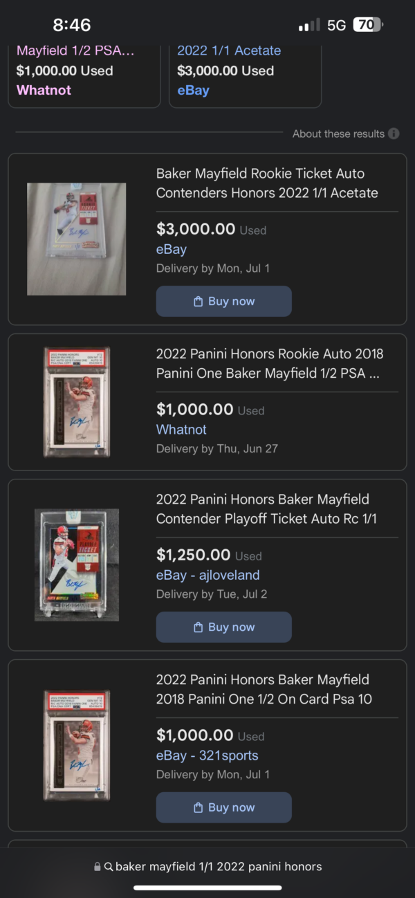 Baker Mayfield 1/1 2022 Panini Honors/2018 Immaculate RPA - Image 4